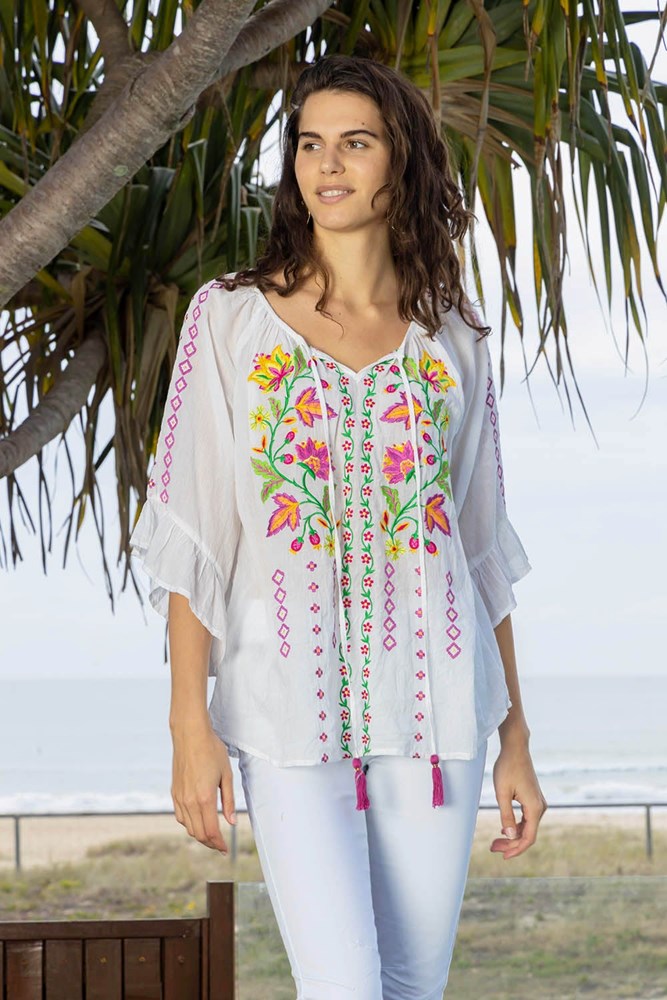 Lulalife Adriana Top White | Floral Embroidered